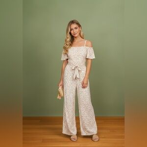 VENETIAN BLOOM OFF SHOULDER WHITE FLORAL TIE BELT JUMPSUIT